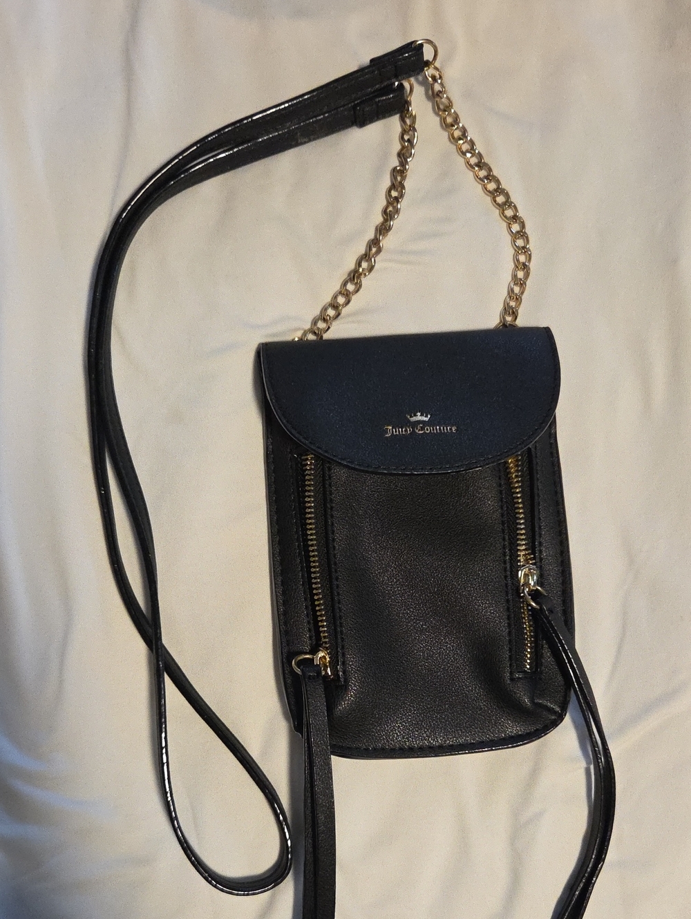 Juicy Couture Black Crossbody Phone Pouch with Gold Chain Accent